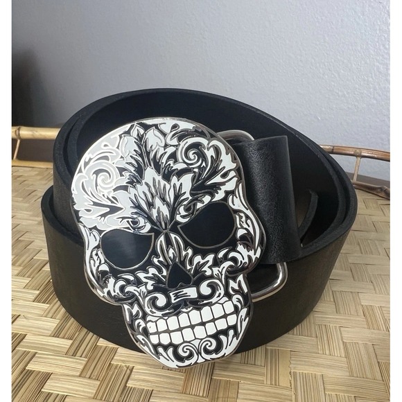 King Baby Studio Wide Black Leather Belt Large Skull Buckle...
